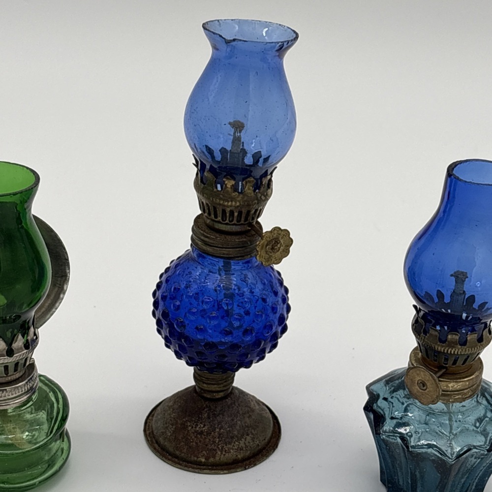 Vintage Miniature Colored Glass Oil Lamps Set Cobalt Hobnail Green Blue Lot of 3 - Picture 4 of 11